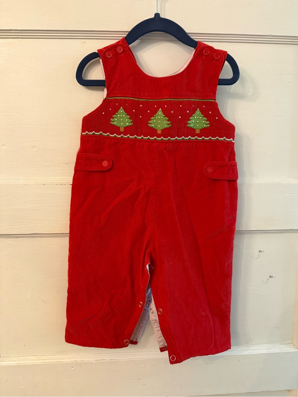 Baby Red Corduroy Holiday Overalls with Green Tree Embroidery